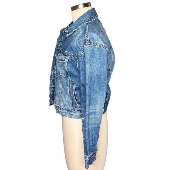 MADEWELL Boxy Crop Distressed Blue Denim Jacket Women's Size XXS Splatter Chic - Picture 3 of 7